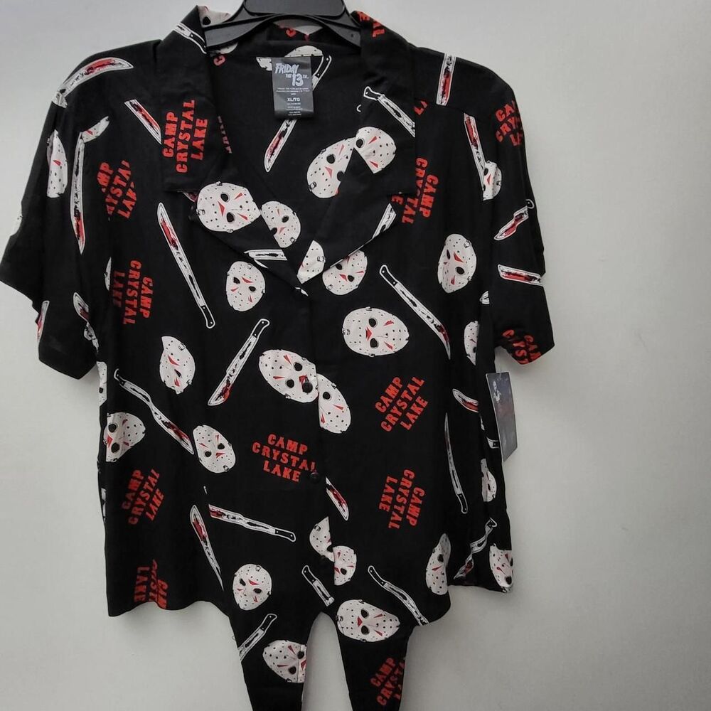 Spirit Halloween Friday the 13th button up shirt , white hockey masks and knives